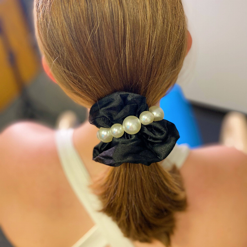 Black satin scrunchie with pearl bead cluster