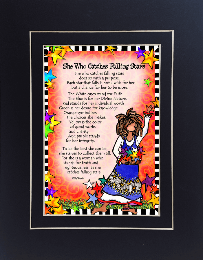 Black-framed wall art with cartoon girl and colorful stars, quote panel