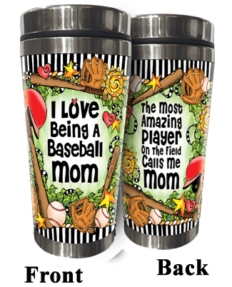 Stainless steel baseball-themed tumbler with lid, printed MOM design on both sides