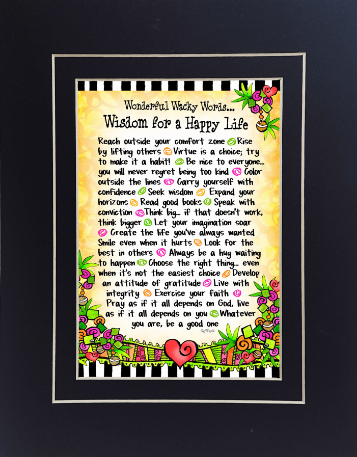 Black-framed inspirational quote print with colorful border and decorative hearts, centered text