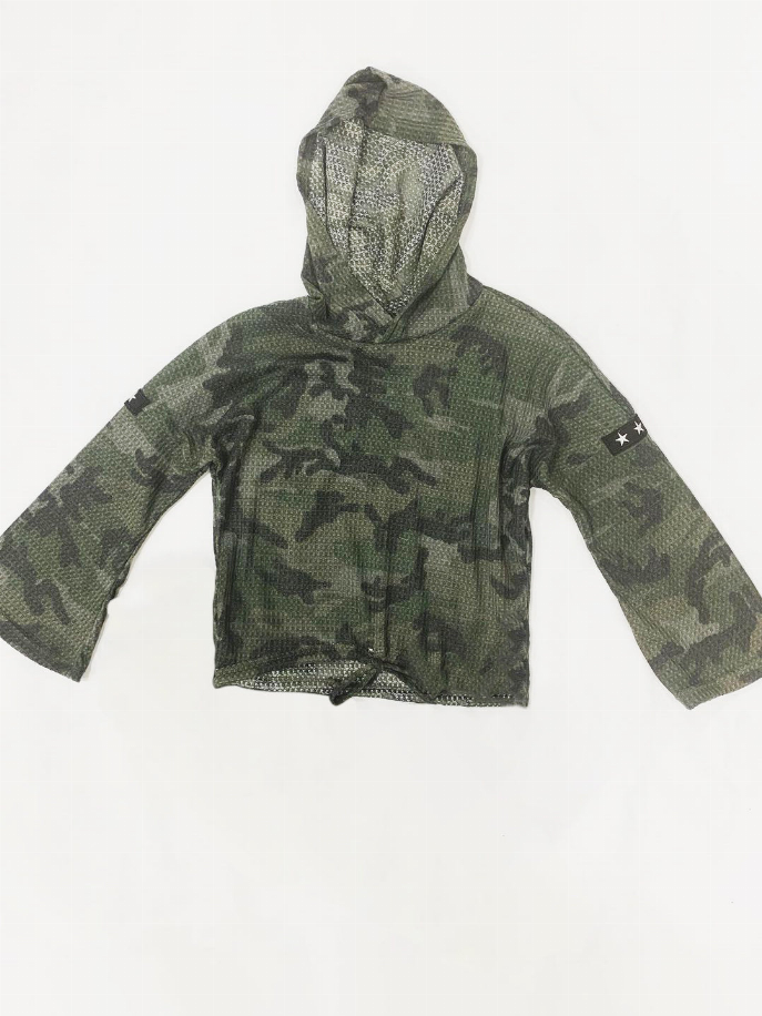 Kids camo hoodie with attached hood and sleeve star patches, front view