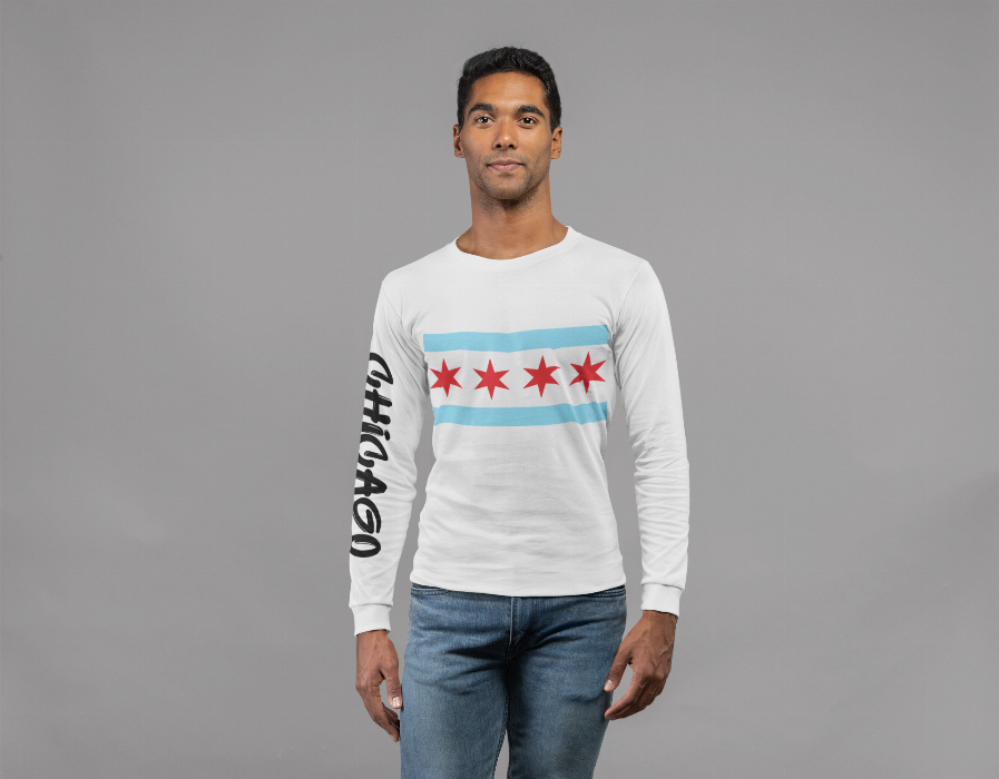 White crewneck sweatshirt with Chicago-style flag print, red stars and blue stripes