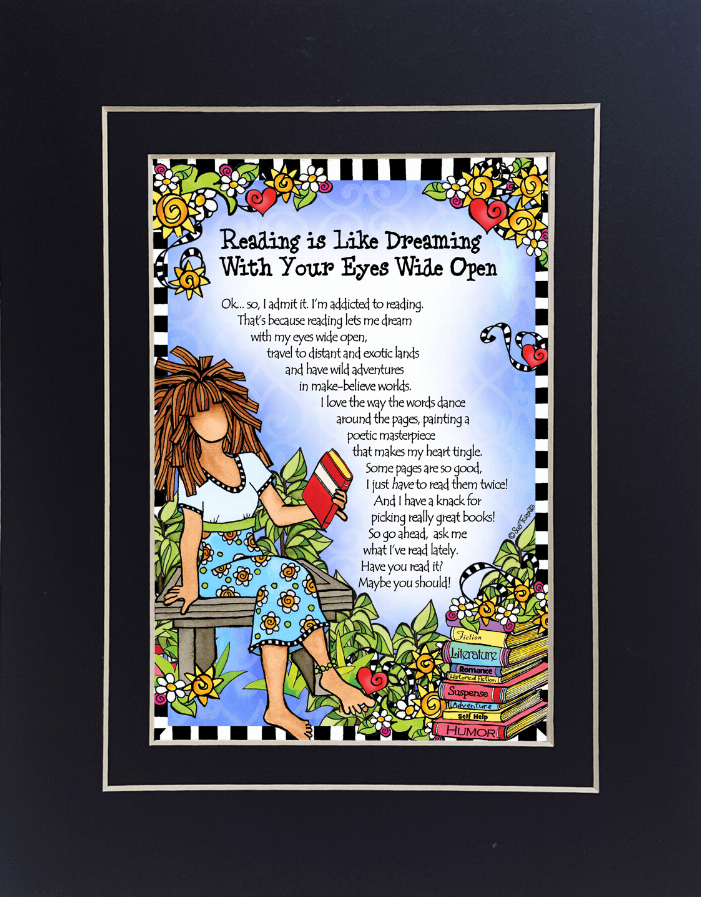 Reading is Like Dreaming framed wall art with colorful girl reading scene and poem text