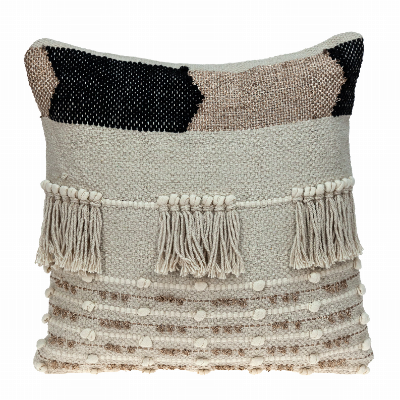 Beige woven throw pillow with black patch, layered stripes, and long fringe