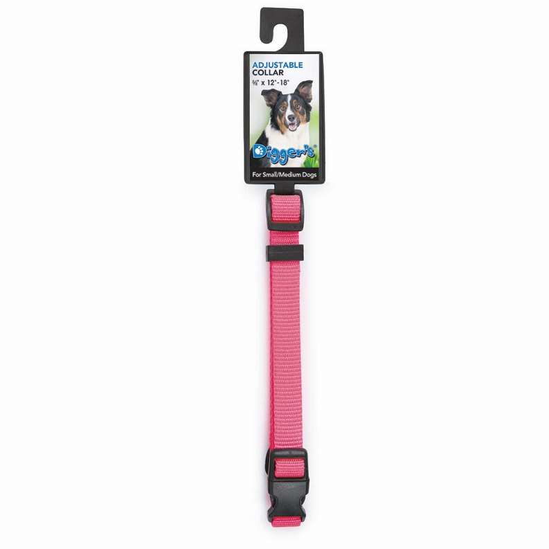 Diggers 5/8 in adjustable dog collar, pink with black buckle and adjust strap