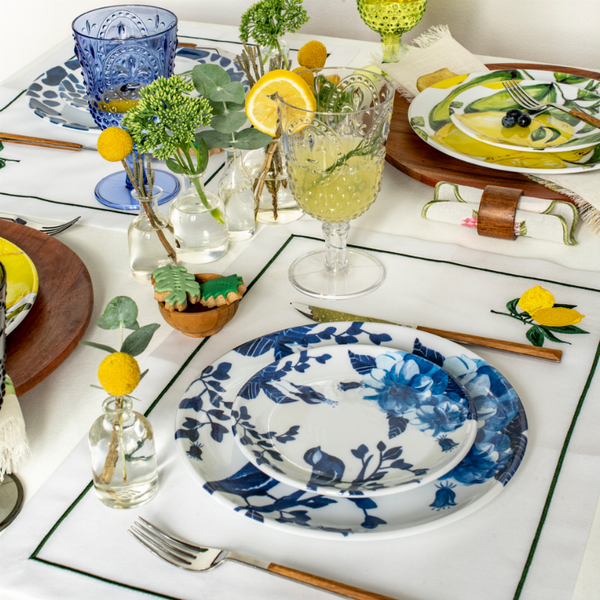 Blue and white botanical bird dessert plate, round melamine design