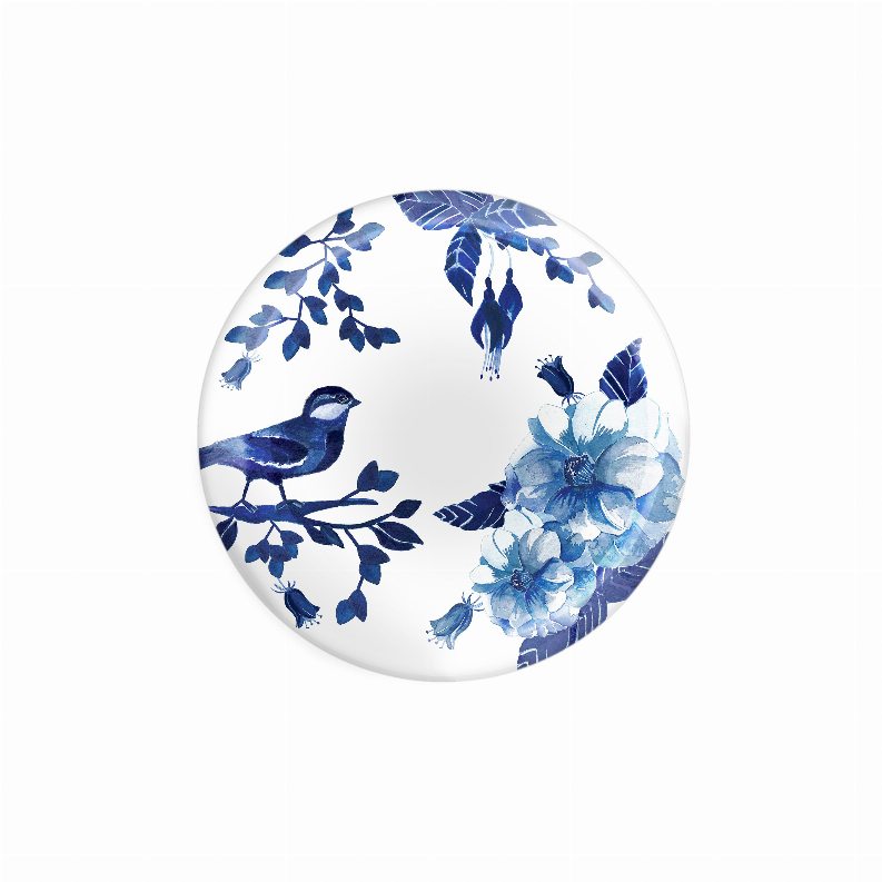 Round melamine dessert plate with blue bird and floral pattern on white