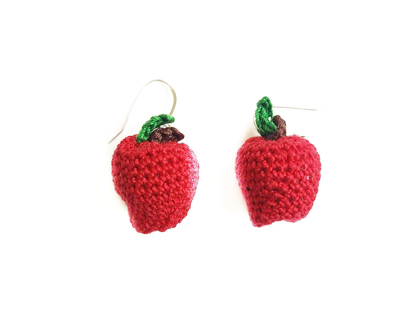 Red crochet apple dangle earrings with green leaf tops, pair