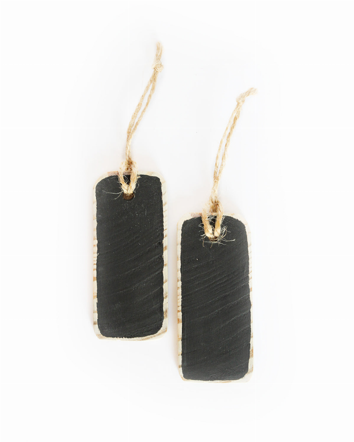 Set of 2 wooden chalkboard tags with twine loops, dark slate finish