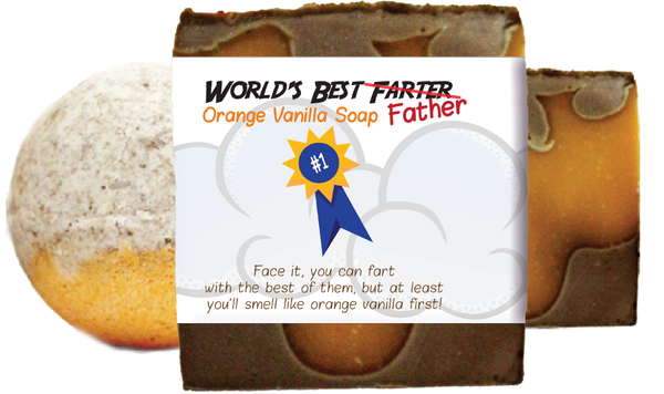 Orange vanilla soap bar with white label and ribbon badge, thick square shape