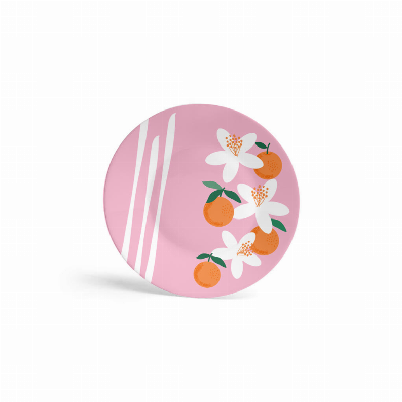 Pink melamine plate with clementine and flower print and pink-and-white stripes