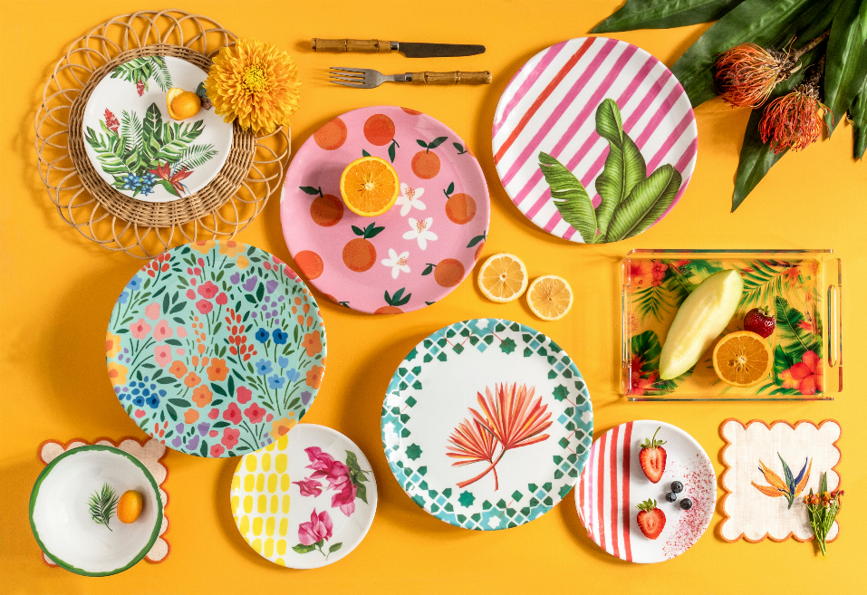 Set of 4 melamine plates with assorted clementine, floral, and stripe designs