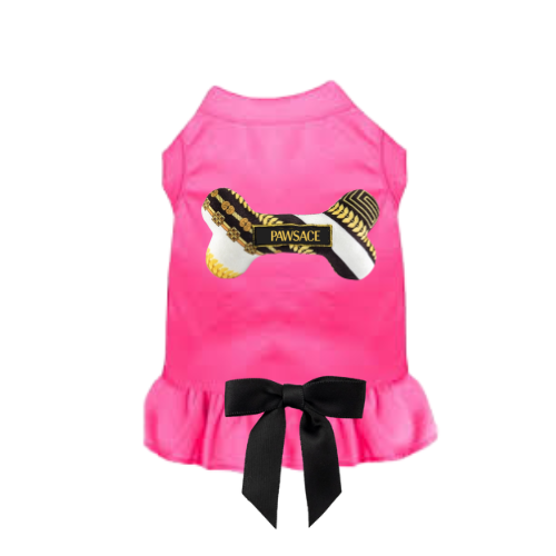 Pink dog dress with PAWSACE bone graphic and black bow