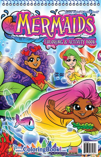 Mermaids coloring and activity book cover with mermaid characters, spiral binding