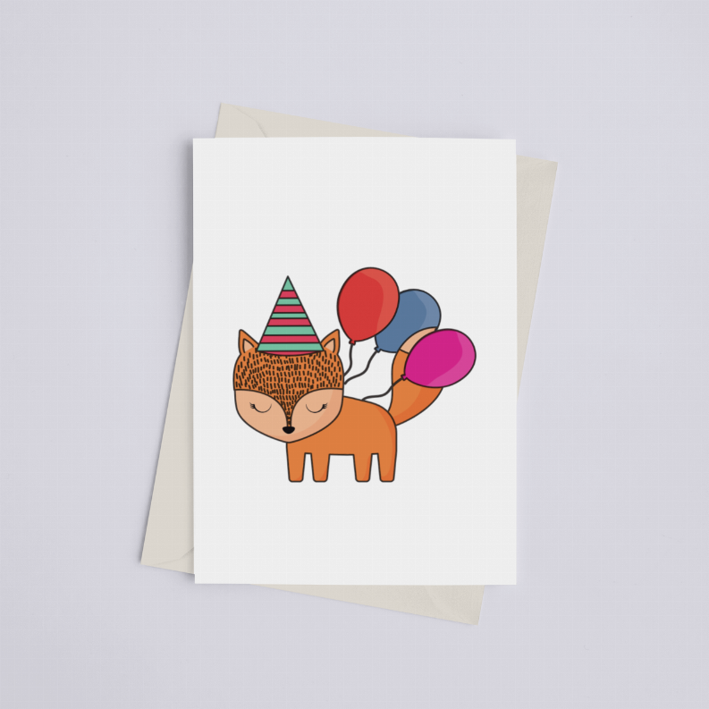 Birthday greeting card featuring a fox with multicolored balloons on the front