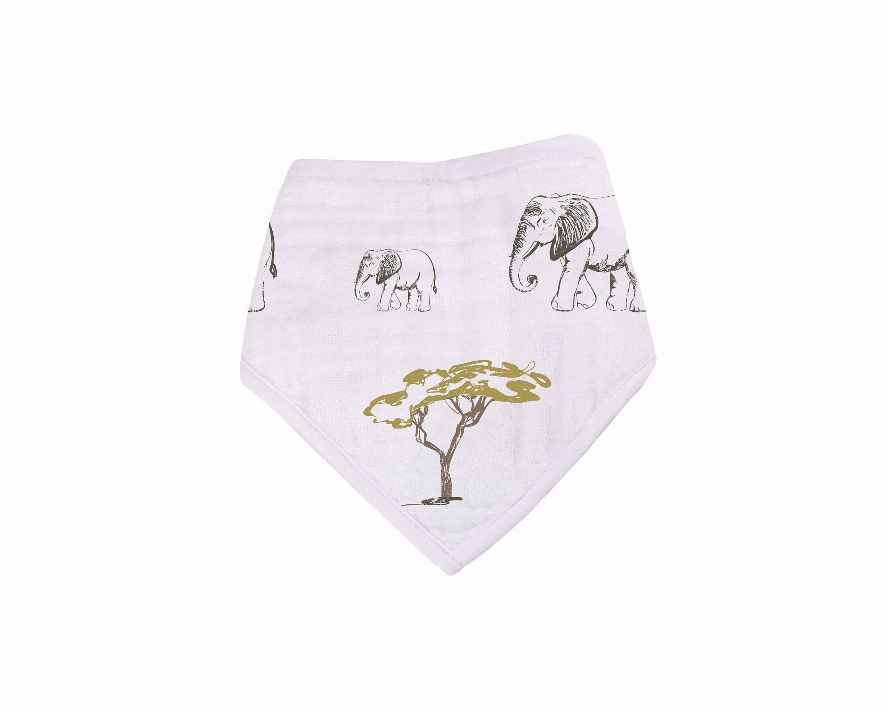 Bandana bib with elephants and baobab tree print, light lavender