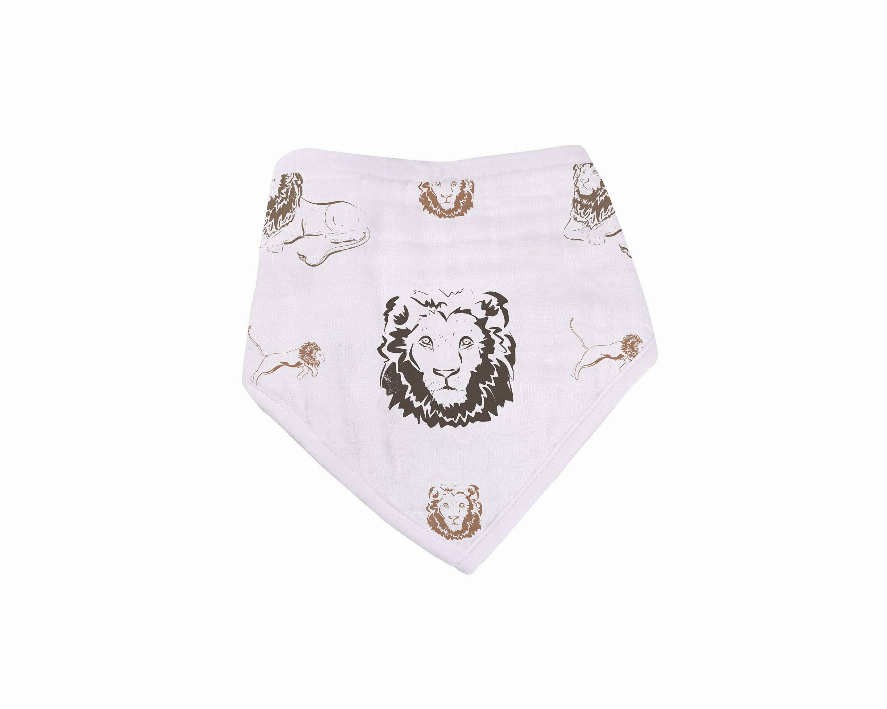 Bandana bib with safari lion and zoo animals print, light lavender