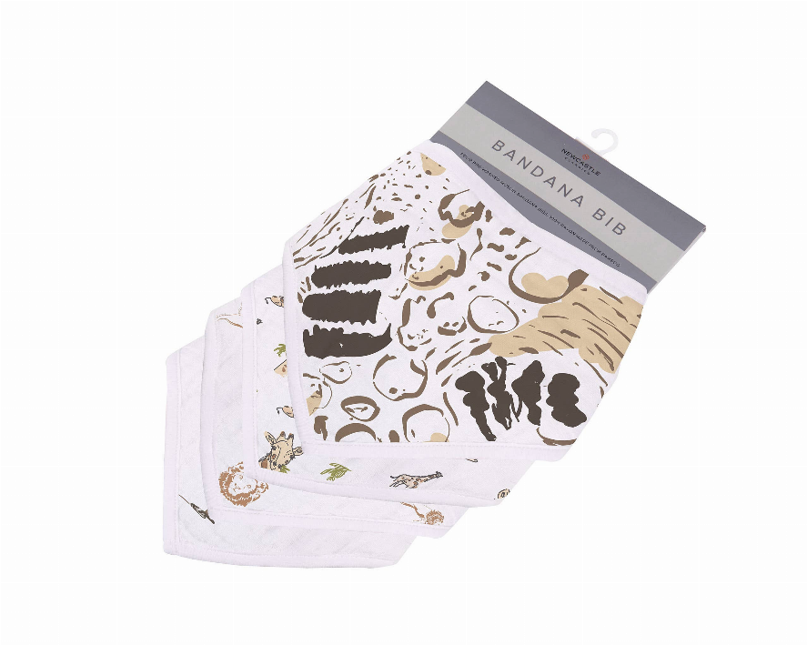 Bandana bib set of 4 in package, safari animal pattern, light lavender