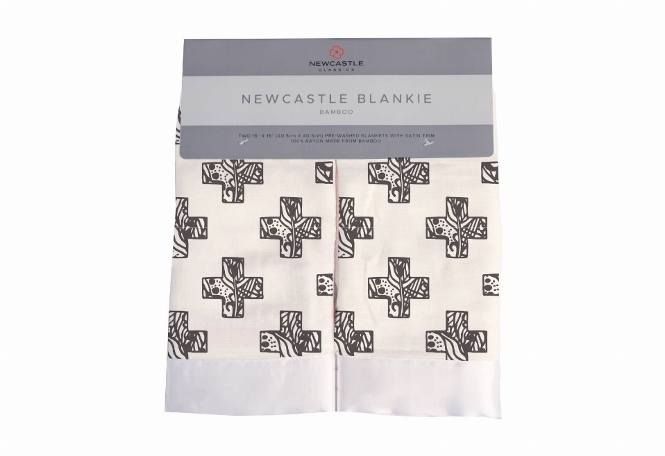 Blanket in retail packaging showing light blue fabric with black cross pattern