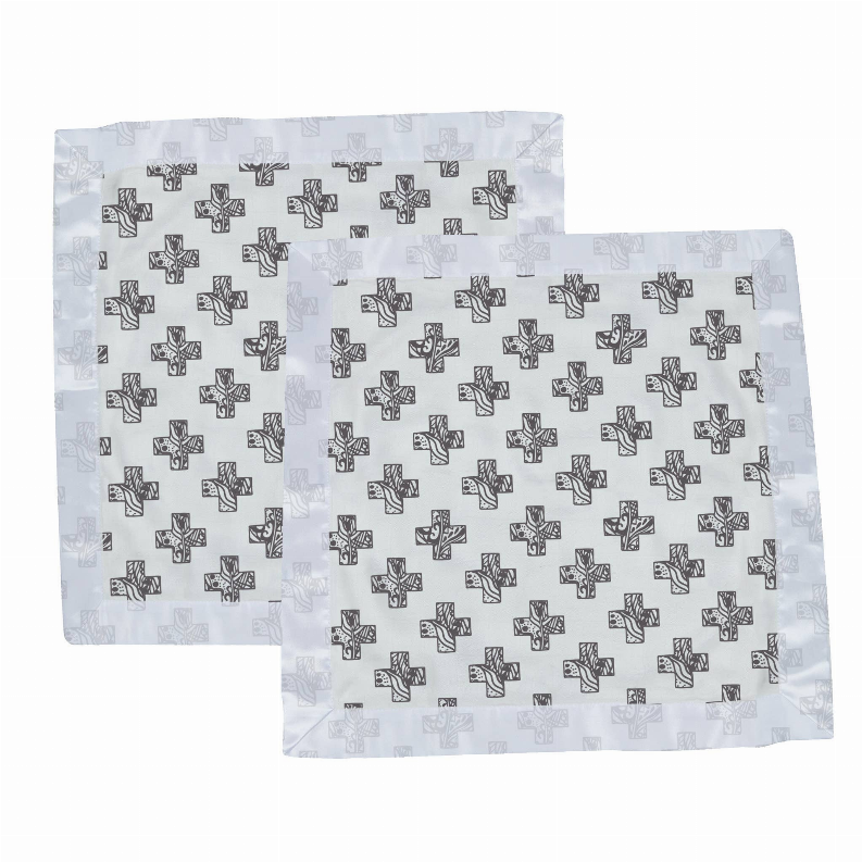 Two light blue baby blankets with black cross and Nordic pattern, overlapping
