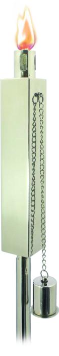 Polished stainless rectangular torch with flame, wick holder, and hanging chain