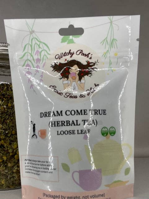 Herbal tea loose-leaf pouch, front label with Dream Come True text and herb graphics
