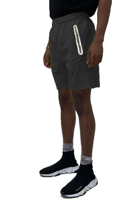 Black running shorts with elastic waistband and drawstring, side stripe detail