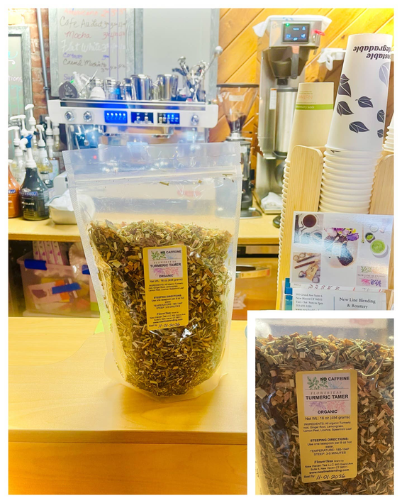 Loose leaf turmeric tamer organic no-caffeine tea in clear stand-up pouch