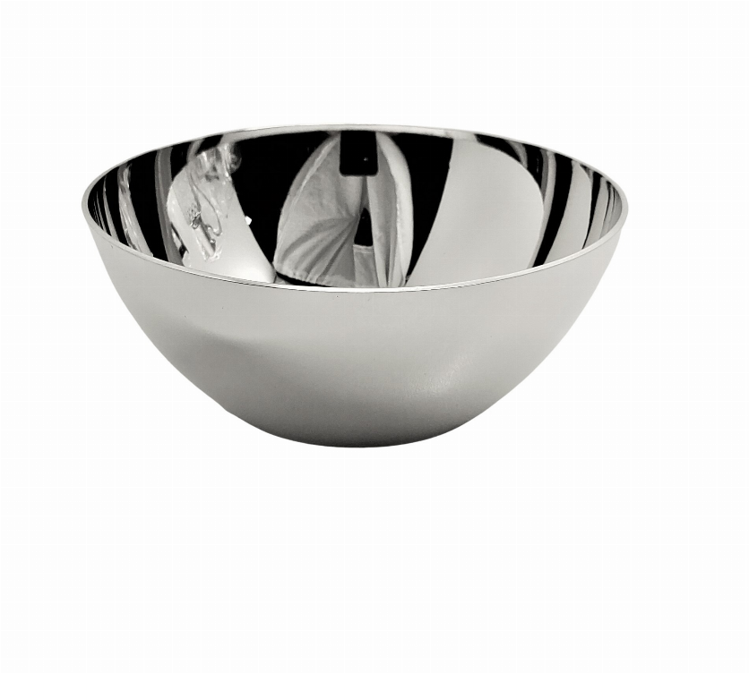 Silver 3.5 in metal bowl with reflective interior and wide curved rim