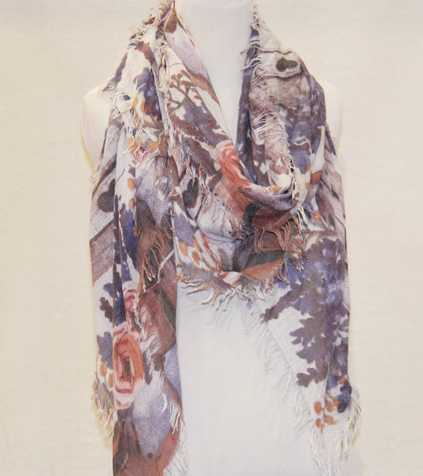 Floral rose and lavender fringe scarf with draped print and long tassel edges