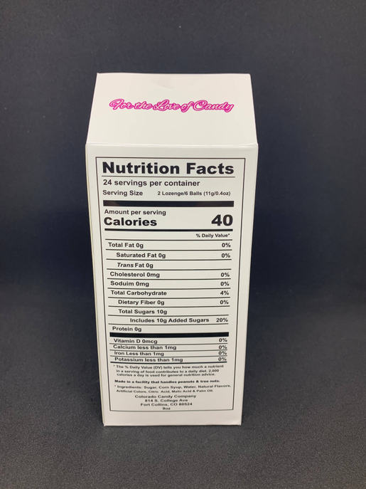 Root beer candy box back with Nutrition Facts panel and servings information