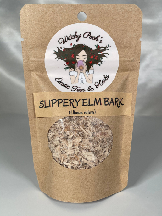 Slippery elm bark herbal pouch, kraft paper with front label and circular ingredient window