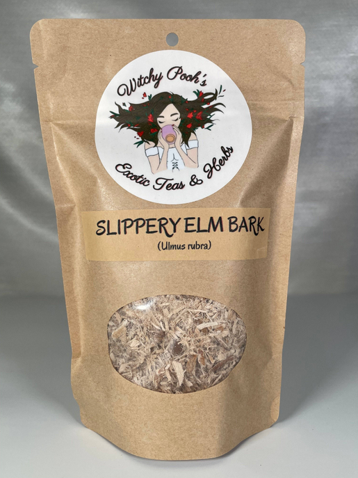 Slippery elm bark herbal pouch, kraft paper with logo and circular bark window