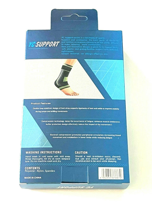 Ankle support compression sleeve on packaging, dark green and black sleeve