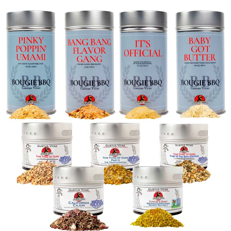 Spice flavor train collection with multiple stainless canisters and labeled seasonings, assorted.