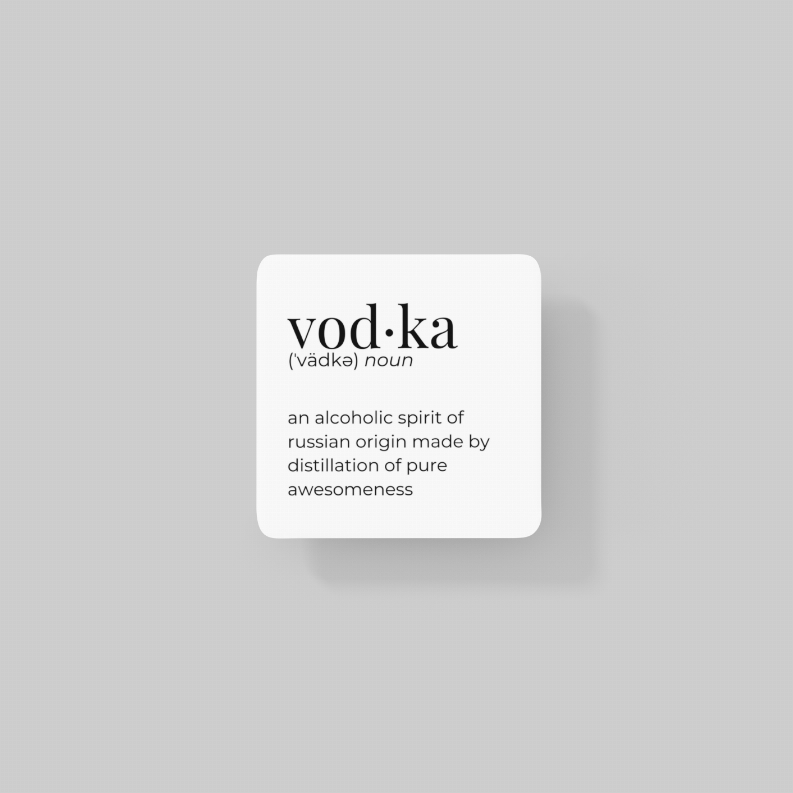 Square white coaster with “vod·ka” logo and short definition text