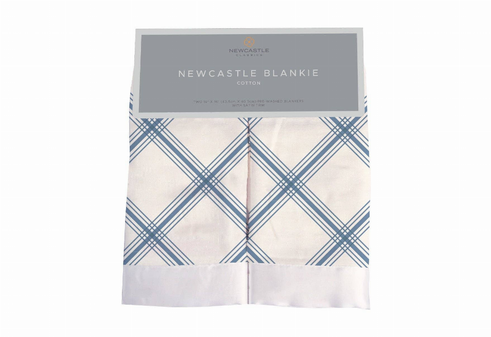 Newcastle Blankie cotton plaid blanket with label and light blue check pattern