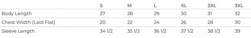 Sweatshirt size chart with S–2XL measurements for body length and chest width