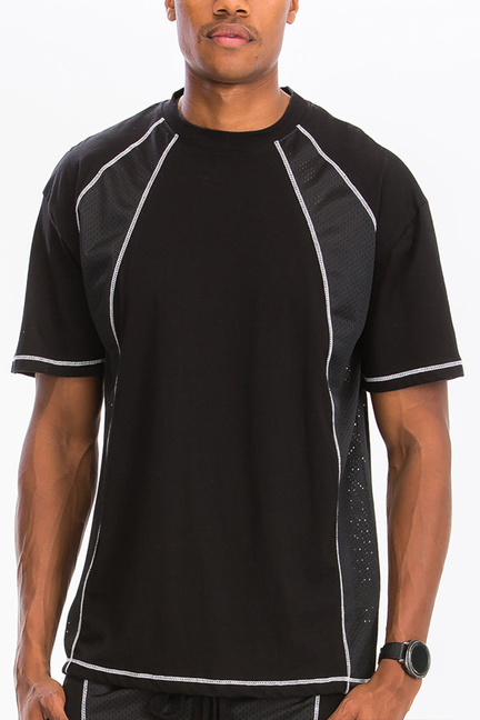 Black crewneck mesh shirt with white contrast stitching and short sleeves