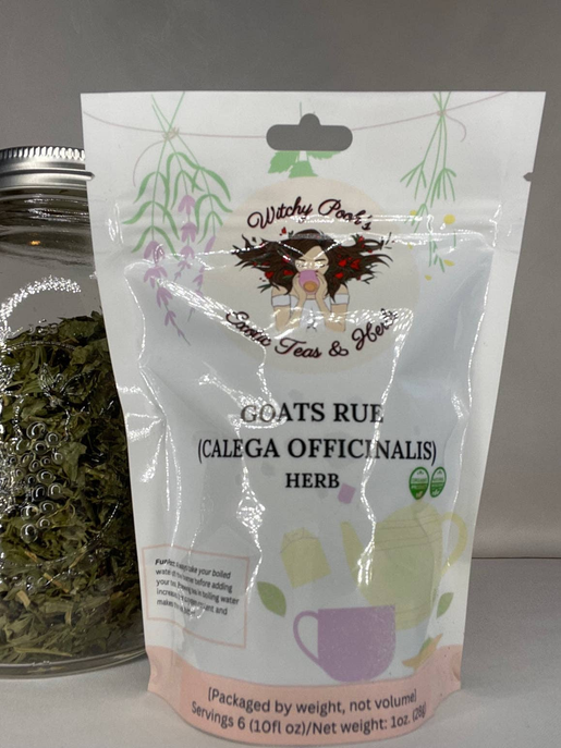 Goats rue herb pouch with colorful front label, stand-up resealable bag