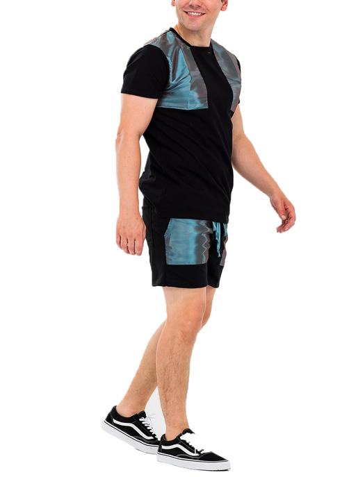 Short-sleeve pocket T-shirt and shorts set, black with blue pocket detail
