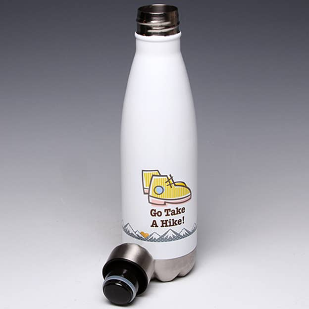 White water bottle with yellow hiking shoe graphic, stainless steel bottom and black flip cap.