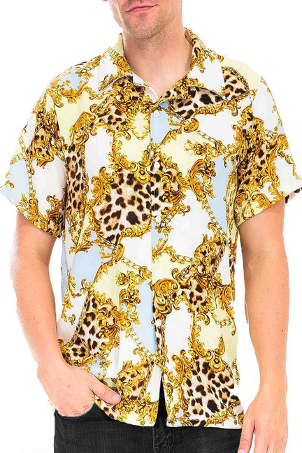 Short-sleeve button-down shirt with white and gold cheetah baroque print