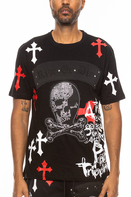 Bejewelled Chrome Skull TShirt - BLACK RED / 1 / S - Unisex Fashion