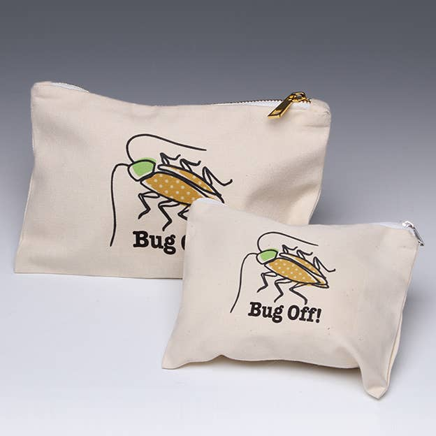 Cream zip pouch and small matching pouch with Bug Off bug graphic