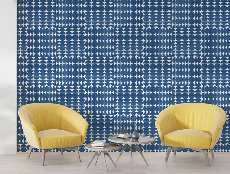 Blue dot-and-rectangle peel-and-stick wallpaper panel with dense repeating shapes