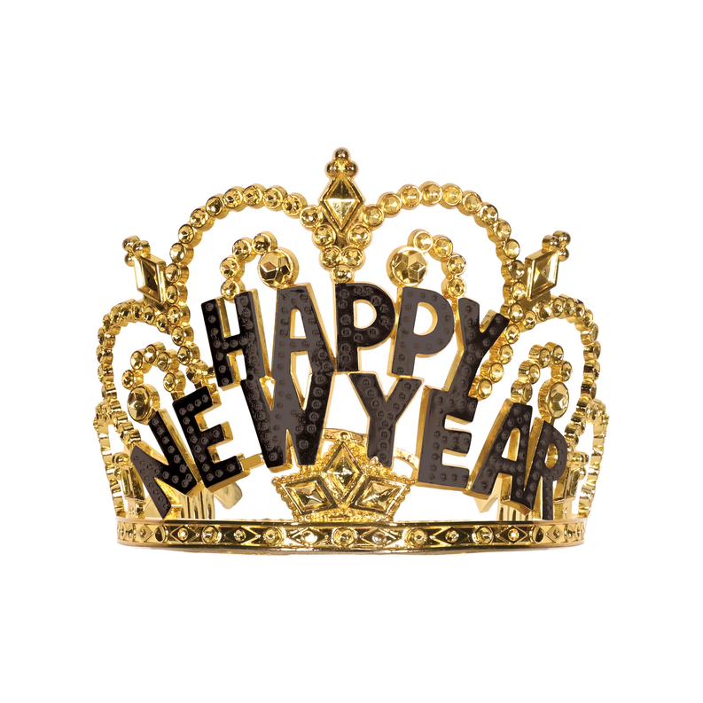 Gold plastic tiara with "HAPPY NEW YEAR" lettering and crown design