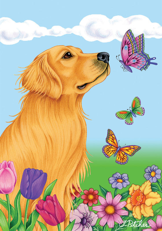 Summer garden flag with golden dog portrait, butterflies, and colorful flowers