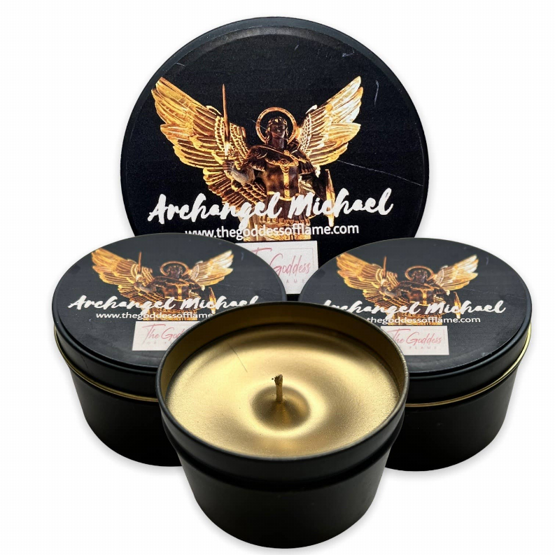 Black candle tins with gold angel wings emblem and central gold cup top