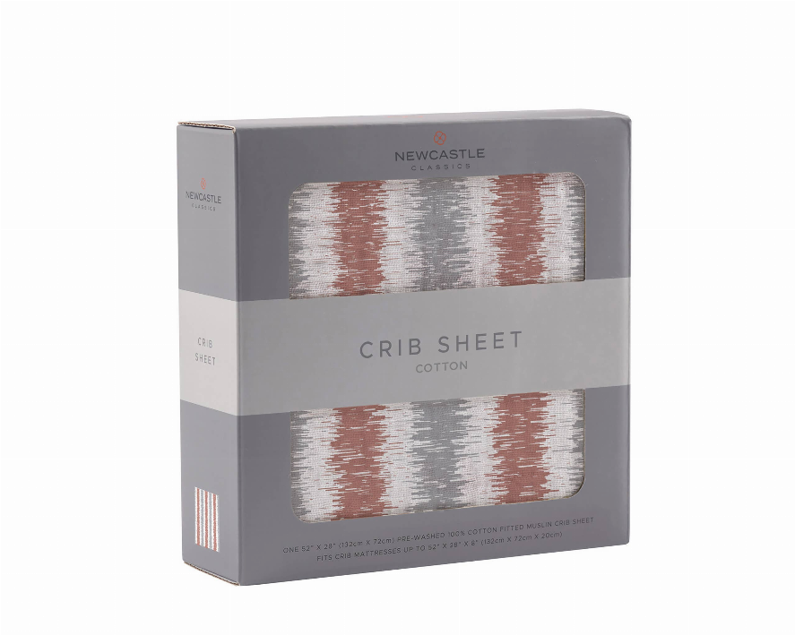 Crib sheet cotton in package, western stripe in gray, rust, and white